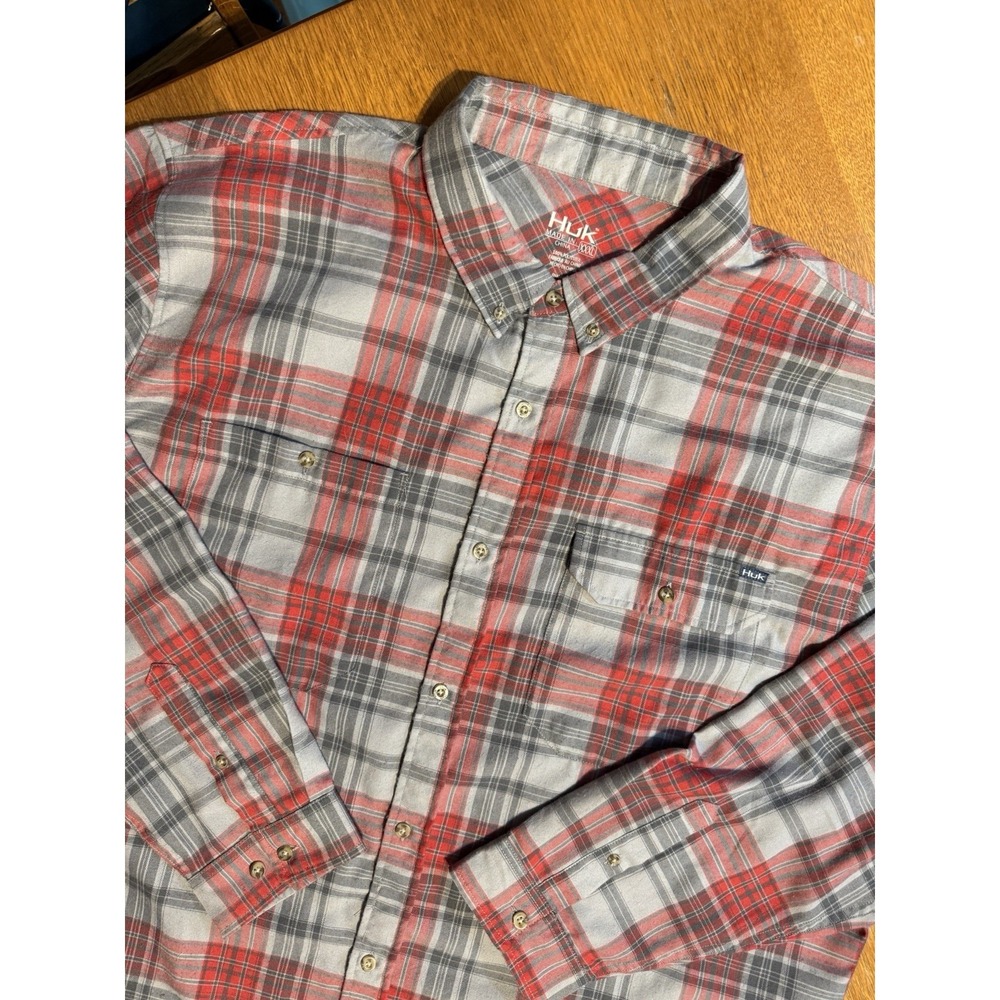 Huk Fishing Flannel Shirt Mens 3XL Gray Red Plaid Lens Cleaner Performance